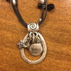 Chico’s necklace, black leather & silver 16”